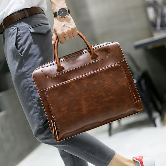 Brand Men's Briefcase Handbag Crazy Horse Pu Leather Messenger Travel Bag