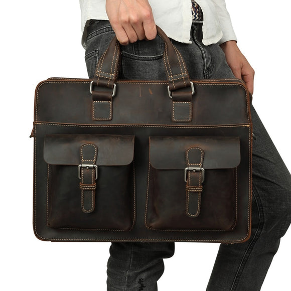 2019 Vintage Men's Cow Genuine Leather Briefcase Crazy Horse Leather Messenger Bag
